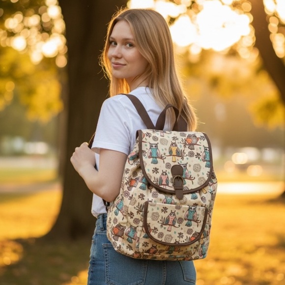 N/A Handbags - Owl Print Canvas Backpack with Brown Trim